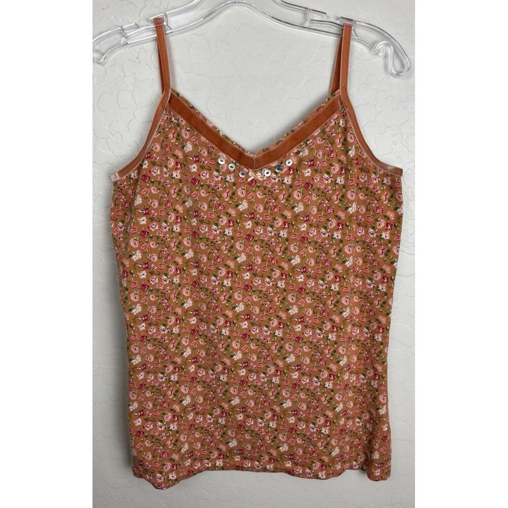 Sundance Velvet Ribbon Peach Floral Buttons Tank Top Sz M Feminine 1741‎